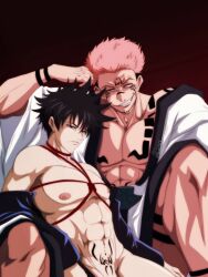 2boys abs bangs black_hair bondage bound chest_tattoo evil_smile facial_tattoo frown fushiguro_megumi gay groin jacket japanese_clothes jujutsu_kaisen kimono leg_tattoo looking_at_viewer male male/male male_focus male_only multi_eye multiple_boys muscular muscular_male nala1588 navel nipples pectorals pink_hair pubic_tattoo red_eyes ryoumen_sukuna_(jujutsu_kaisen) short_hair size_difference smile smirk spiked_hair tattoo white_kimono yaoi