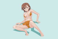 1girls 2020 2020s accidental_exposure areola_slip areolae bare_shoulders barefoot bikini blush breasts brown_eyes brown_hair brunette collarbone female frilled_bikini full_body hair_ornament hairclip hi_res jiangpao light_blue_background looking_at_viewer matching_hair/eyes misaka_mikoto navel one_eye_closed orange_bikini short_hair sitting sketch small_breasts solo swimsuit teenage_girl teenager to_aru_kagaku_no_railgun to_aru_majutsu_no_index toes young