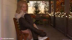 1girls 2020 2c3d 3d alex_(2c3d) autumn boots bottomless female female_only looking_at_viewer no_panties nopan original_character outdoor outdoor_nudity outdoors outside seated sitting slushe_(website) smile solo solo_female thighhigh_boots thighhighs