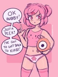 1girls 5_fingers doki_doki_literature_club english_text female female_only kirby_(series) kirby_t-shirt natsuki_(doki_doki_literature_club) octoramune panties pink_background pink_eyes pink_hair plush plushie solo text text_bubble thighhighs twintails