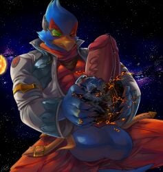 2022 absurd_res anthro avian balls bird blue_body bodily_fluids clothed clothing falco_lombardi genital_fluids genitals hi_res macro macro_falco male muscular muscular_anthro muscular_male nintendo penis planet planet_destruction planet_penetration precum soina solo solo_male space star_fox video_games