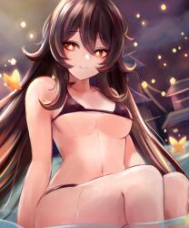 1girls 2022 bikini breasts brown_hair female female_only genshin_impact hu_tao_(genshin_impact) leonmandala light-skinned_female light_skin long_hair looking_at_viewer medium_breasts naughty_face petite slim_waist suggestive_look symbol-shaped_pupils