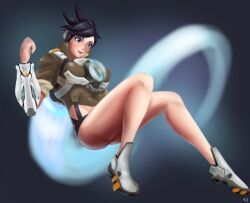 blink blizzard_entertainment brown_hair danichi female jacket lena_oxton overwatch pistols shoes short_hair tagme tracer weapon