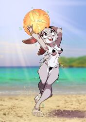 2020 action_pose anthro arm_tuft barefoot beach bikini blurred_background breasts buckteeth cheek_tuft depth_of_field detailed_background disney elbow_tufts fabio_paulino facial_tuft female fur grey_body grey_fur head_tuft hi_res judy_hopps lagomorph leporid light lighting mammal medium_breasts multicolored_body multicolored_fur navel open_mouth open_smile pose rabbit sand sea seaside shadow side_boob skimpy sky smile solo sunlight swimsuit swimwear teeth tuft two_tone_body two_tone_fur under_boob water whiskers white_body white_fur zootopia