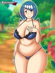 1girls belmont big_breasts blue_eyes blue_hair blue_nail_polish blush breasts female female_only freckles hair_ornament hi_res highres hips lana's_mother_(pokemon) mature mature_female milf mob_face nintendo painted_nails pokemon pokemon_sm solo thick_thighs tied_hair wide_hips