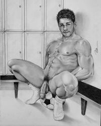 1boy balls ballsack beard_stubble black_and_white brad_welch_art facial_hair flaccid_penis foreskin intact looking_at_viewer male male_nipples male_only male_pubic_hair monochrome muscles muscular_male partially_retracted_foreskin pencil_(artwork) penis pubes scrotum sketch smooth_skinned_male soccer soccer_ball solo spread_legs testicles uncolored uncut veiny_penis