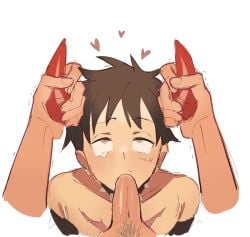 ahe_gao beast_pirates beast_pirates_(cosplay) black_hair blowjob blowjob_face earrings gay grabbing_horns holding_horns horn_grab horns male male_only monkey_d_luffy one_piece pubic_hair red_horns sissy submissive_male tears twink yaoi