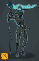 ancestor_spirit anthro bioluminescence bone cervid elden_ring female fromsoftware ghost glowing glowing_eyes hi_res holding_object holding_staff mammal nude regal_ancestor_spirit rotting skeleton solo spirit staff the_nameless_guy undead video_games