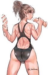 1boy ass backsack brown_hair bulge dildo dildo_in_mouth femboy h_inukawa looking_back male_only ponytail swimsuit