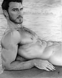 1boy beach black_and_white brad_welch_art caucasian caucasian_male hairy_chest instagram_model looking_at_viewer male male_only michael_yerger muscles muscular muscular_male onlyfans_model outdoors outside pencil_(artwork) real_person sketch solo solo_male uncolored