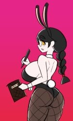 ass big_ass big_breasts black_hair breasts bunny_ears bunnysuit clothed glasses holding_object looking_at_viewer looking_back moistcorn pigtails susu-chan thighs viewed_from_behind white_skin yellow_eyes