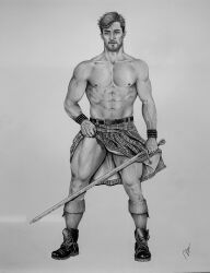 1boy black_and_white brad_welch_art caucasian caucasian_male kilt male male_only muscles muscular muscular_male pencil_(artwork) sketch solo solo_male sword teasing thick_thighs uncolored