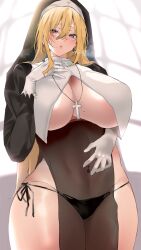 1girls bangs blonde_hair blue_eyes blush breasts cleavage cross dress earrings female gloves habit headdress highres huge_breasts jewelry long_hair looking_at_viewer navel navel_piercing necklace nun original panties pelvic_curtain piercing see-through solo thick_thighs yamakonbu