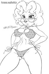 anthro big_breasts bikini breasts camel_toe canid canine canis clothing disney domestic_dog eyewear female glasses goof_troop hand_on_hip mammal mature_female monochrome ms._pennypacker nipple_outline scificat solo swimwear text url