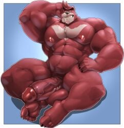 2021 5_fingers 5_toes absurd_res anthro balls barefoot big_balls big_muscles big_penis black_claws black_nose claws cursedmarked erection eyebrows feet fingers fur genitals grin hand_behind_head hi_res huge_balls huge_cock huge_muscles humanoid_feet humanoid_genitalia humanoid_hands humanoid_penis hyper hyper_muscles kumatetsu male male_only mammal muscular muscular_anthro muscular_male nipples nude penis pink_nipples plantigrade red_body red_fur red_penis simple_background sitting smile solo the_boy_and_the_beast thick_eyebrows thick_penis toes ursid vein veiny_penis