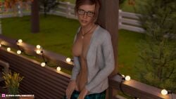 1girls 2020 2c3d 3d autumn brown_hair cali_(2c3d) depth_of_field female female_only glasses holding_drink holding_object light_brown_hair looking_at_viewer necklace no_bra no_panties nopan open_shirt original_character outdoor outdoor_nudity outdoors outside pulling_down_pants slushe_(website) solo solo_female standing undressing