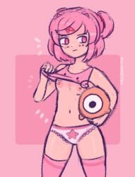 1girls breasts doki_doki_literature_club embarrassed embarrassed_female exposed_breasts exposed_panties female female_only flashing flashing_breasts kirby_(series) kirby_t-shirt natsuki_(doki_doki_literature_club) nipples octoramune panties pink_background pink_eyes pink_hair plush plushie shirt_lift solo twintails