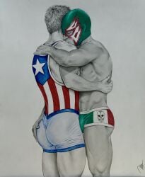 ass ass_grab brad_welch_art butt embracing gay lucha_libre male male_only masked muscles muscular muscular_male pencil_(artwork) see-through sketch wrestler wrestling