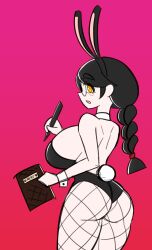 ass big_ass big_breasts black_hair breasts bunny_ears bunnysuit clothed glasses holding_object looking_at_viewer looking_back moistcorn susu-chan thighs twintails viewed_from_behind white_skin yellow_eyes