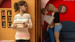 2021 2c3d 3d 3girls blonde_hair brown_hair clothed clothing female female_only glasses indoors jean_shorts long_hair multiple_girls necklace ponytail public public_sex short_hair slushe_(website) voyeur voyeurism yuri