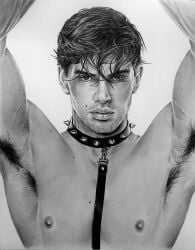 1boy armpits black_and_white brad_welch_art caucasian caucasian_male fetish fetish_wear instagram_model lachie_neil leash looking_at_viewer male male_only muscles muscular muscular_male onlyfans_model pencil_(artwork) real_person sketch solo solo_male uncolored