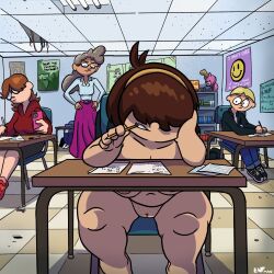 breasts cashew_ludella_fay chewing_pencil classroom desk female nude oblivious poster_(object) pubic_stubble pussy test theenfman unintentional_exhibitionism