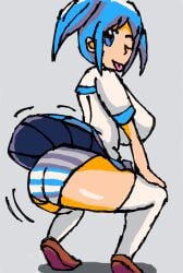 ass blue_eyes blue_hair clothed gelokaiser huge_ass huge_butt large_breasts looking_back naganohara_mio nichijou panties sexually_suggestive shaking_butt short_hair skirt striped_panties tongue_out twerking wink winking