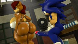 3d blueapple chipmunk dumbbell erect_penis ground_squirrel hand_on_ass huge_ass looking_at_ass looking_back mammal muscular_male rodent sally_acorn sciurid sega sonic_(series) sonic_the_hedgehog sonic_the_hedgehog_(series) thick_thighs