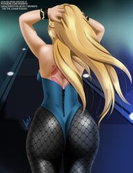 aramyx ass back_tattoo big_ass blonde_female blonde_hair bunnysuit fishnets fixing_hair huge_ass leotard massive_ass metroid ponytail samus_aran viewed_from_behind zipper zipper_pull_tab