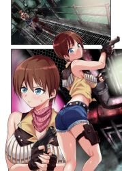 1girls big_breasts blue_eyes breasts brown_hair capcom clothing cowgirl_outfit earrings female firearm footwear gun handgun handwear huge_breasts human pale_skin rebecca_chambers resident_evil resident_evil_0 scarf shiny_breasts shiny_hair shiny_skin short_hair shorts skimpy_clothes skimpy_shorts susuanpan tight_clothing tight_shorts weapon white_skin