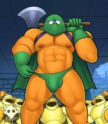 abs axe balls bara bulge cape crowd cum dragon_quest elfein gloves green_clothing green_underwear hood kandar looking_down male male_only mask masked muscles muscular muscular_male penis precum precum_through_clothing smooth_skin smooth_skinned_male underwear weapon weapon_over_shoulder