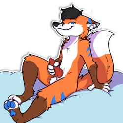 anthro canid canine dakota_yagami erection fox fur genitals hair male mammal masturbation nude penile penile_masturbation penis simple_background smile solo tookiethefox