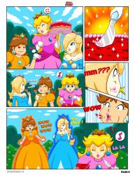 2022 3girls big_breasts blonde_hair blue_eyes blue_sky breast_expansion breasts cake clouds comic crown earrings eating female female_only grass growth growth_sequence idendrawx long_hair mario_(series) nintendo orange_hair page_2 picnic pink_lips princess_daisy princess_peach princess_rosalina shiny_hair shiny_skin shocked singing super_mario_bros. text yellow_hair