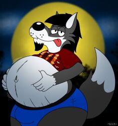 anthro beard belly belly_grab belly_overhang belly_tuft big_belly black_body black_fur black_nose blue_clothing blue_underwear body_hair bouncing_belly bulge canid canine canis clothed clothing detailed_bulge facial_hair from_front_position fur furrylovepup_v2 grey_body grey_fur hand_on_stomach hi_res lifting_belly looking_at_viewer looking_pleasured male mammal moon motion_lines multicolored_body navel navel_outline night outside partially_clothed pinup pose raised_tail shirt smile solo stomach_hair teasing thick_thighs tongue tongue_out toony topwear tuft two_tone_body underwear white_body white_fur wide_hips wolf