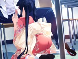 1boy black_hair blue_pants braid braided_bun censored chair classroom desk double_bun female floral_print fushikawa_kokoro game_cg grey_shirt hair_bun imminent_fellatio indoors jacket japanese_clothes kawagishi_keitarou kimono long_hair maji_de_watashi_ni_koi_shinasai! mosaic_censoring open_clothes open_jacket open_mouth pants penis pink_kimono print_kimono school_uniform shirt sitting small_penis socks solo_focus spread_legs very_long_hair white_jacket white_socks yukata