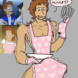 1boy alexthehoe apron_only brett_hand brown_hair cook erection erection_under_apron erection_under_clothes gay half_nude heart_pattern inside_job mittens plate reference_image serving_food smile spatula text