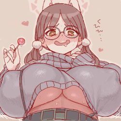 1girls animal_ears artist_request big_breasts big_nipples blue_archive blush breasts busty cat_ears female female_only glasses heart-shaped_pupils heavy_blush horny horny_female huge_breasts large_breasts lollipop moe_(blue_archive) nerd nerdy nerdy_female nipple_bulge rabbit_squad_(blue_archive) saliva_drip salivating srt_special_academy_student sweat sweater sweating sweaty sweaty_breasts tagme tagme_(artist) turtleneck_sweater underboob