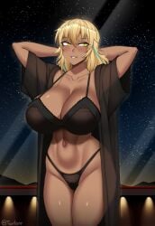 1girls arms_behind_head artist_name artist_signature artist_website balcony belly_button biting biting_lip black_bra black_lace black_panties black_robe black_underwear blonde_eyebrows blonde_hair blonde_hair_female blue_hair blue_streak blush blushing_at_viewer bra breasts bursting_breasts cleavage collarbone curvaceous dark-skinned_female dark_skin enormous_breasts exotic francesca_(twrlare) ganguro gyaru hair_between_eyes hi_res high_resolution highleg_panties highres hourglass_figure huge_breasts kuro_gyaru lace lace-trimmed_bra lace-trimmed_panties lace_bra lace_panties lace_trim lace_underwear lip_biting massive_breasts multicolored multicolored_hair naughty naughty_smile navel night night_sky nighttime open_clothes open_robe original original_character panties parted_lips posing railing robe seductive seductive_eyes seductive_look seductive_smile see-through see-through_clothing sky solo solo_female star_(sky) starry_sky stars streaked_hair thick_thighs toned toned_body toned_female top_heavy_breasts twitter twitter_username twrlare underwear upper_teeth url voluptuous voluptuous_female wide_hips yellow_eyes yellow_eyes_female