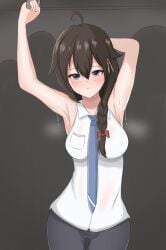 1girl 1girls armpits body_odor female female_focus female_only kantai_collection ryzeon shigure_(kantai_collection) showing_armpits smell smelly smelly_armpits stained_clothes steaming_body sweat sweatdrop sweaty_body wet_clothes