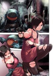 1girls 2022 ada_wong ada_wong_(adriana) big_breasts black_hair blood breasts capcom choker gamma grabbed grabbing gub hunter_gamma hurt hurt_expression leggings monster orange_eyes red_dress resident_evil resident_evil_2 ripped_clothing ripped_leggings ripped_stockings shiny_breasts shiny_hair shiny_skin short_hair weapon