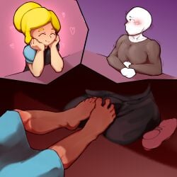 1boy 1girls blush brawl_stars clothed clothing feet female foot_fetish foot_play footjob fully_clothed lewd_potato male piper_(brawl_stars) rubbing toes under_the_table