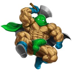 axe balls bara boner bulge bulge_to_side cape dragon_quest erection erection_under_clothes gloves kandar kuroma male male_only mask masked muscles muscular penis solo solo_male sweaty underwear weapon