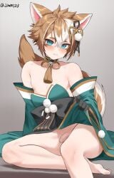 1boy absurd_res animal_ears blue_eyes blush brown_hair eye_contact femboy flaccid g1_(artist) genshin_impact girly gorou_(genshin_impact) high_resolution humanoid long_ears looking_at_viewer male male_only penis short_hair solo solo_feral solo_male tail thick_thighs thighs two_tone_hair