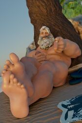 1boy 3d_(artwork) bara big_penis elmamoru feet foot_focus male_only masturbation muscular muscular_male older_male overwatch penis reinhardt solo solo_male