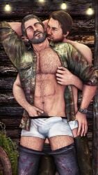 2boys 3d arthur_morgan bara body_hair bulge bulge_to_side chest_hair closed_eyes clothed clothing domredsins erection_under_clothes gay hi_res imminent_sex joel_miller licking looking_at_partner male male/male male_only muscular partially_clothed pecs pinching_nipples red_dead_redemption_(series) red_dead_redemption_2 shirt the_last_of_us tongue_out yaoi