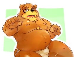 2022 anthro belly black_nose brown_body bulge clothing eyewear glasses humanoid_hands jockstrap kemono kumazawow lifewonders male mammal moobs nipples overweight overweight_male solo tokyo_afterschool_summoners underwear ursid video_games volos