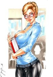 1girls big_breasts bulging_breasts busty carrying_books curvaceous curvy_body curvy_female curvy_figure dc dc_comics ed_benes_studio glasses jeferson_lima justice_league kara_danvers kryptonian latex_pants looking_at_viewer milf office_lady red_lipstick seductive seductive_eyes seductive_look solo_female solo_focus supergirl superman_(series) tagme