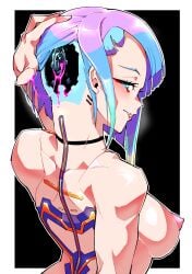 1girls breasts breasts_out cd_projekt_red cybernetics cyberpunk:_edgerunners cyberpunk_2077 cyborg erect_nipples female female_only hole light-skinned_female looking_back lucyna_kushinada netflix nipples nude studio_trigger topless