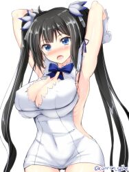 arm_ribbon armpits arms_up black_hair blue_bow blue_bowtie blue_eyes blue_ribbon blush bow bowtie breasts cleavage cleavage_cutout clothing_cutout commentary_request covered_navel covered_nipples cowboy_shot dress dungeon_ni_deai_wo_motomeru_no_wa_machigatteiru_darou_ka female gin'ichi_(akacia) gloves hair_ribbon hestia_(danmachi) large_breasts long_hair looking_at_viewer nose_blush open_mouth pencil_dress rei_no_himo ribbon saliva short_dress sleeveless sleeveless_dress solo sweat twintails twitter_username white_background white_dress white_gloves