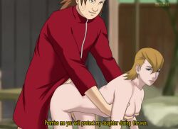 age_difference akimichi_chouji ambiguous_penetration bent_over black_eyes blonde_hair bottomless bottomless_male breast_grab breasts brown_hair clothed_sex completely_nude completely_nude_female doggy_style green_eyes groping haruno_mebuki jacket kneeling milf moaning naruto naruto:_road_to_ninja naruto_(series) naruto_shippuden older_female partially_clothed partially_clothed_male sex smile taken_from_behind talking talking_to_another talking_to_partner text younger_male